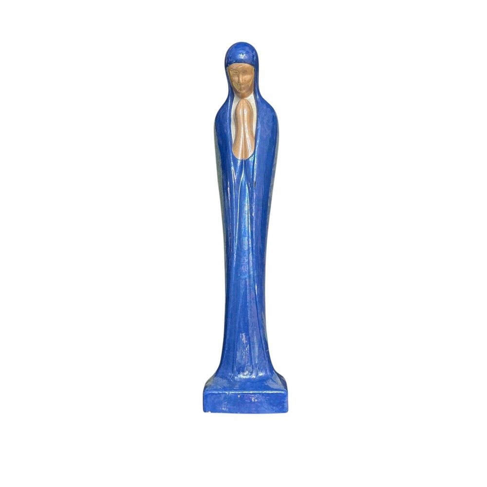 Virgin Mary Madonna Figurine Praying Hands Blue Iridescent Ceramic 13" Roush